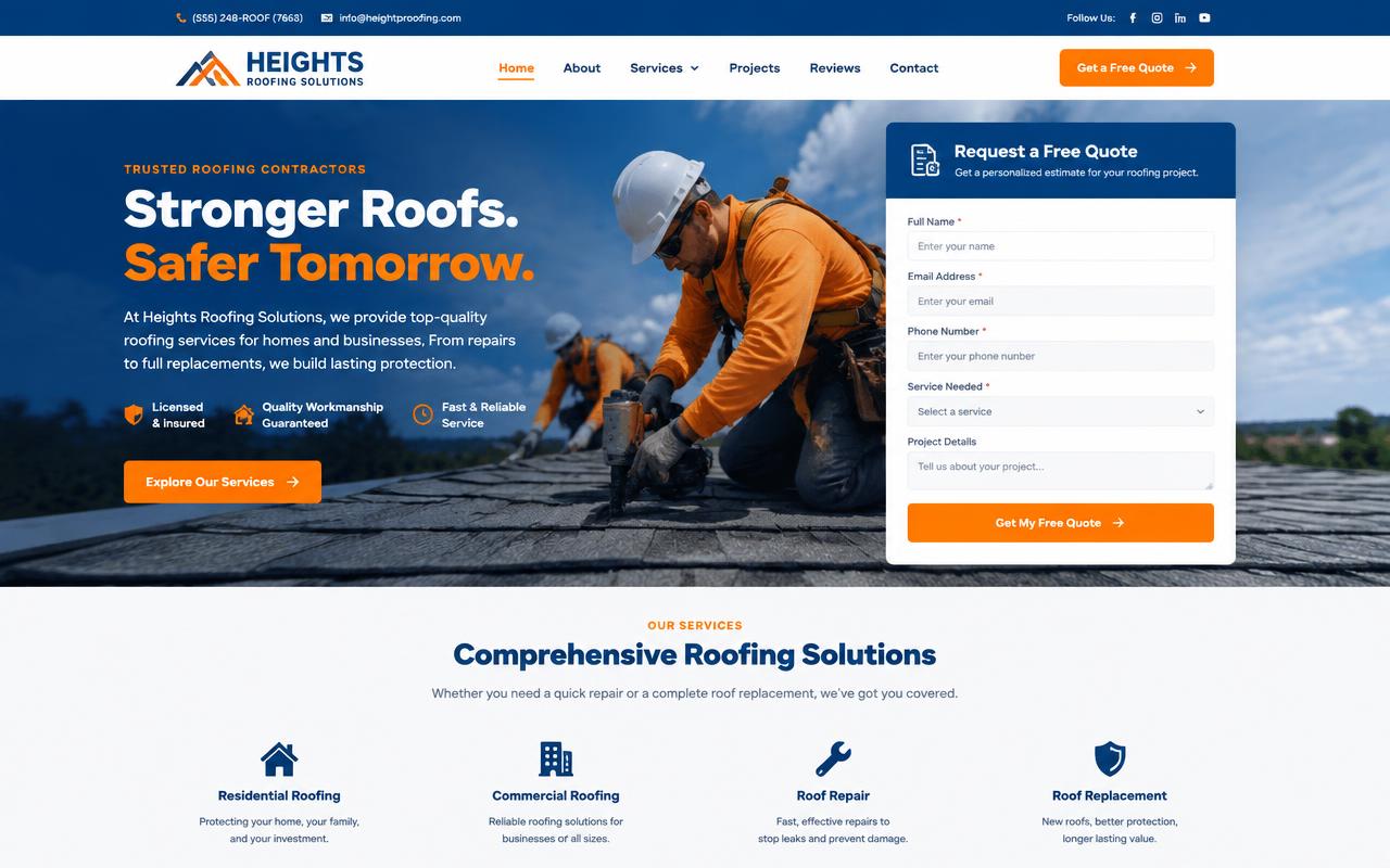 Sample roofing contractor website design with a quote request form