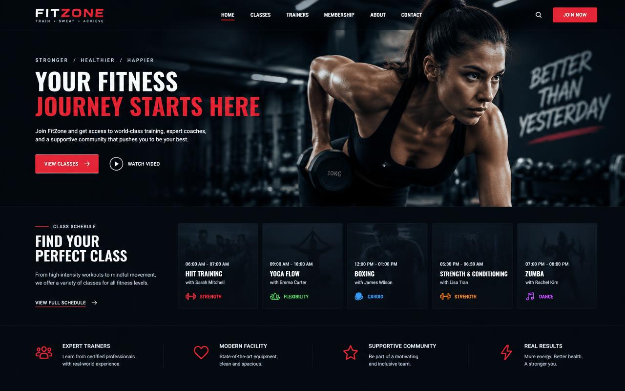 Sample fitness gym website design with class schedule