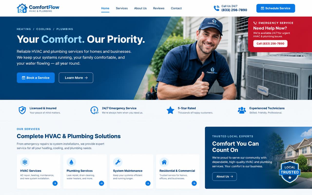 Sample HVAC and plumbing website design with emergency call banner