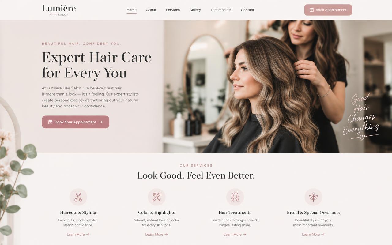 Sample hair salon website design with online booking
