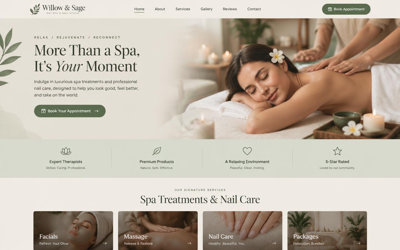 Sample day spa and nail studio website design